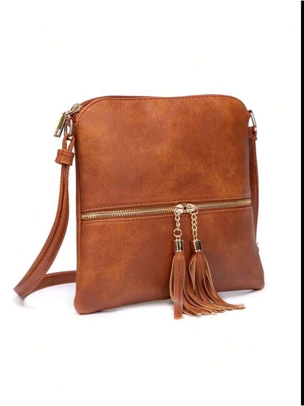 Camel Brown Faux Leather Crossbody Bag Tassel Zip Boho Everyday Purse